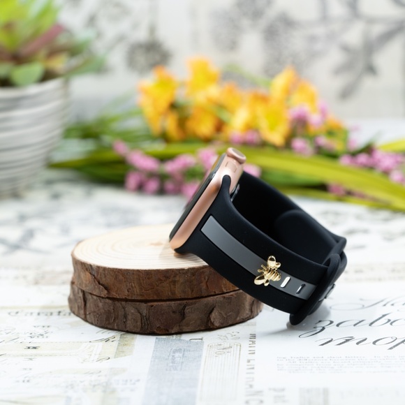 Apple Watch Band, Black and Gray Stripes Silicone Strap w/ Bee Stud 38/40mm - Picture 2 of 6